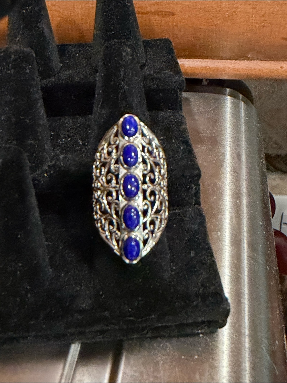 Ornate Silver Filigree Ring with Genuine Lapis Lazuli Stones Sz 5